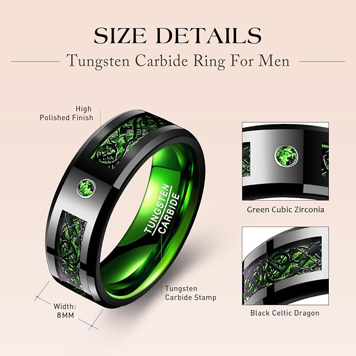 TUNGSTORY 8mm Black Celtic Dragon Tungsten Carbide Wedding Ring with Green Carbon Fiber and CZ Inlay Polished Finish Beveled Edge Size 6-16