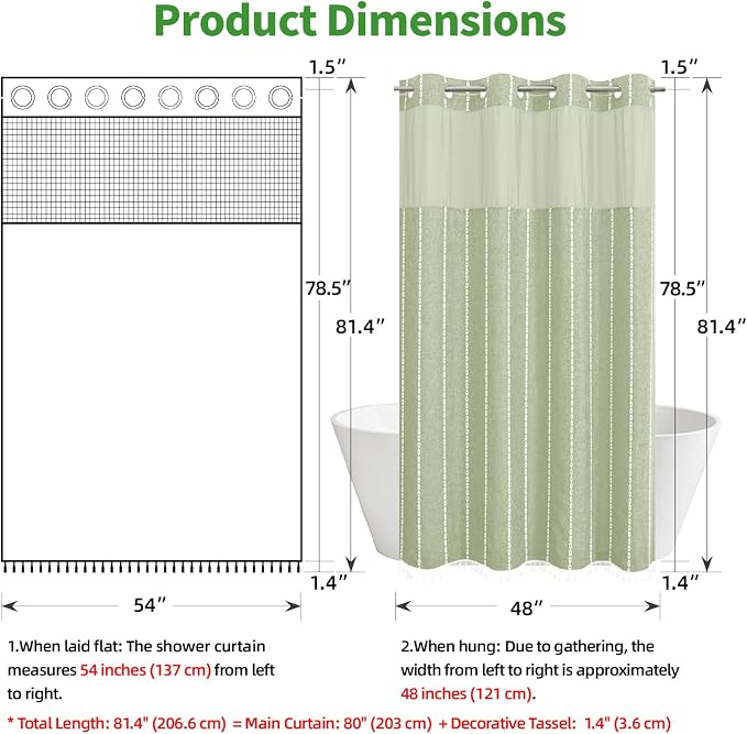 eachope No Hook Stall Shower Curtain with Snap-in Fabric Liner - 54x80 Heavy-Duty Linen Textured Striped Design,Narrow Rustic Modern Farmhouse Bohemian Bathroom Curtain,Water-Repellent,Sage Green