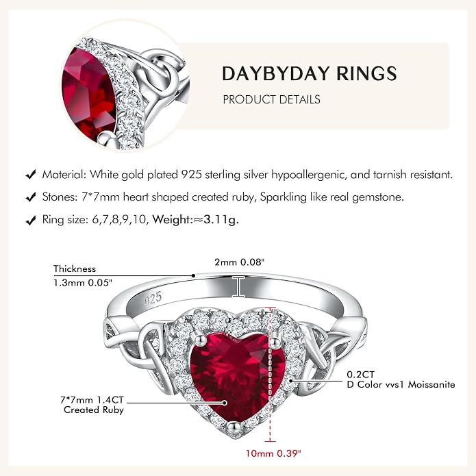 DAYBYDAY Celtic Birthstone Rings for Women 925 Sterling Silver Heart/Round/Pear/Oval Created Gemstone Moissanite Halo Engagement Promise Rings for Her Wife Birthday Anniversary Wedding Jewelry