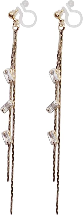 Comfortable Stick Invisible Clip On Earrings Gold Dangle Long Waved Threader Bar Clip-On Non Pierced Earrings Silver For Women,…