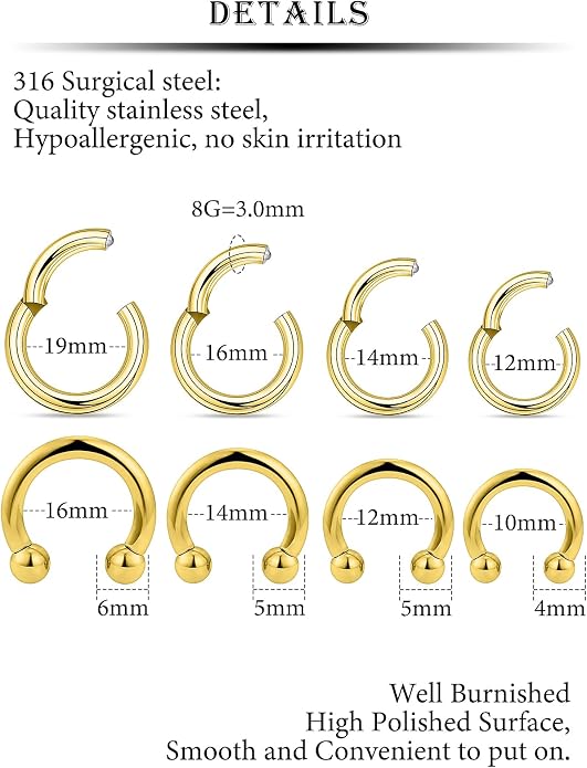 20G 18G 16G 14G 12G 10G Hypoallergenic Nose Rings Hoops for Men Women 316L Surgical Steel Hinged Nose Rings for Nostril Septum Cartilage Helix Daith Tragus Rook Conch Lip Ear Lobe Piercing