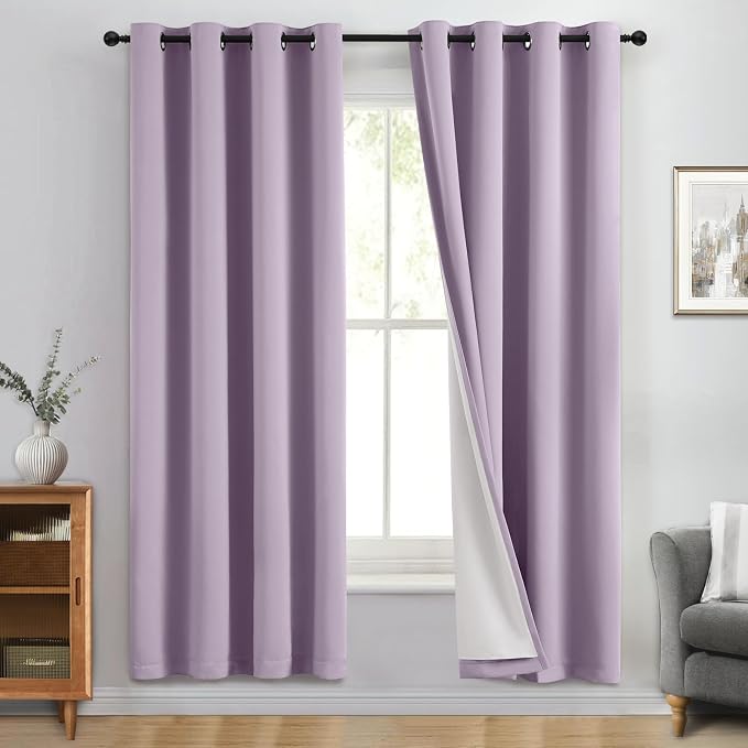 Yakamok Lilac 100% Blackout Curtains 72 Inches Long for Bedroom 50" Wide | Blackout Curtain Panels for Bedroom, 2 Thick Layers Grommet Top Thermal Insulated Drapes with White Back for Living Room