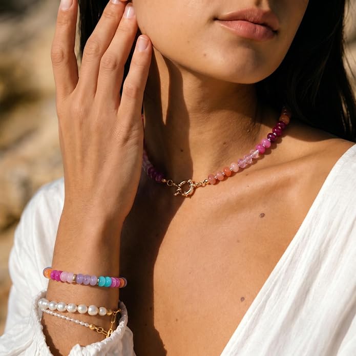 KELORIS PATH Beaded Gemstone Necklaces for Women, Boho Colorful Bead Choker Necklace, Natural Stone Handmade Summer Jewelry for Beach