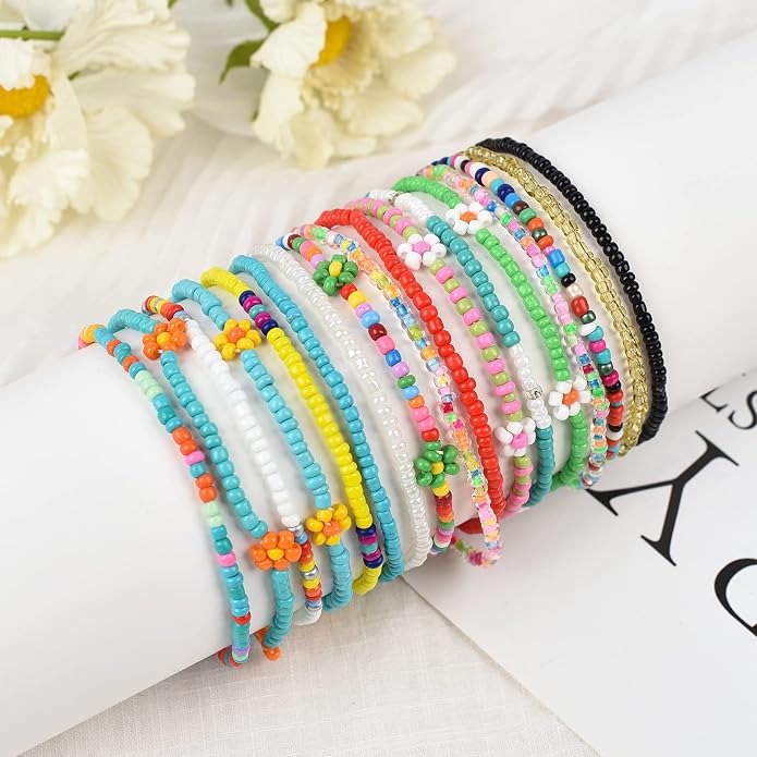 XIJIN 18 Pieces Elastic Beaded Anklets for Women Handmade Beach Boho Colorful Beads Ankle Bracelets Set
