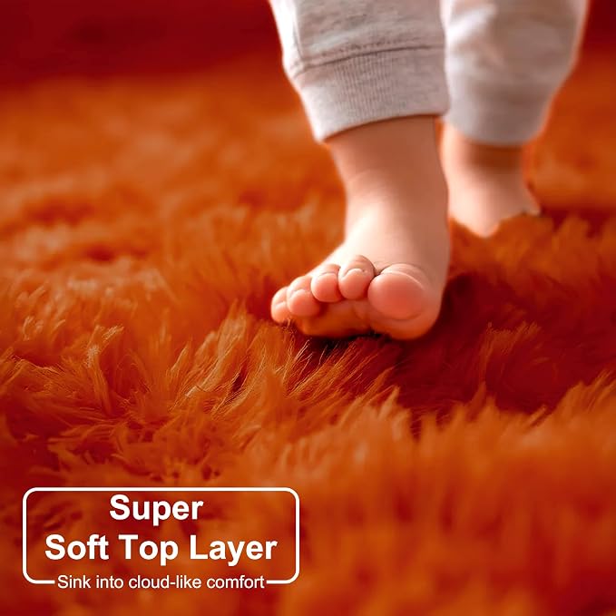 Amdrebio Burnt Orange Large Round Rugs 8Ft for Living Room Bedroom, Big Shaggy Plush Fuzzy Furry Circle Area Rugs for Kids Room Decor Aesthetic, Fluffy Shag Dark Orange Carpet for Apartment Classroom
