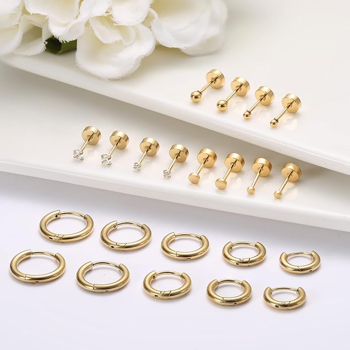 LOLIAS Small Hypoallergenic Flat Back Stud Earrings for Women Men 14K Gold Plated Surgical Stainless Steel Earring Sets Tiny Screw Back Cartilage Earrings for Sensitive Ears