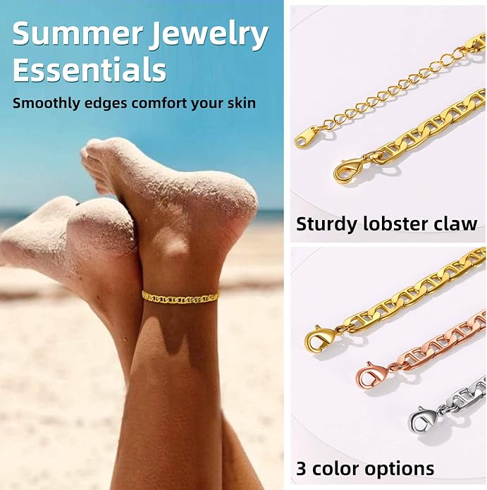 GoldChic Adjustbale Link Chain Anklet for Women Summer Jewelry, 316L Stainless Steel Figaro/Wheat/Twist Rope/Cuban Foot Bracelet-Waterproof, Resizable 9"-12" (Gift Box Included)