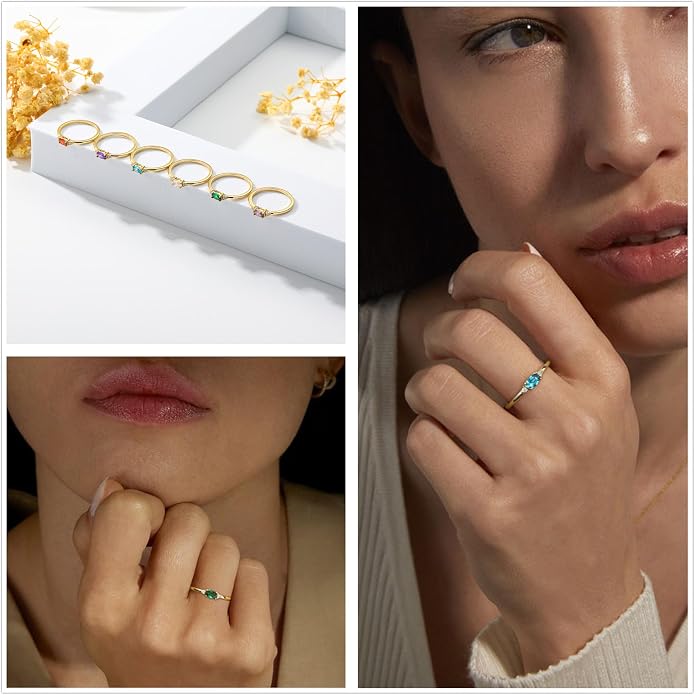 Lunvky 14k Gold Plated Birthstone Rings for Women Teen Dainty Stackable Pinky Rings Non Tarnish CZ Emerald Green Gemstone Thumb Finger Band Ring Cute Jewelry Birthday Gift Size 6-11