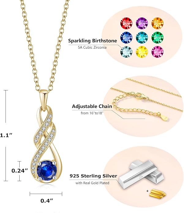 Birthstone Necklaces for Women 925 Sterling Silver Infinity Pendant Created Gemstone Jewelry for Her, 16"+2"