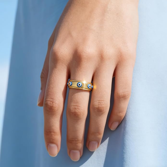 Evil Eye Fidget Ring for Women - 18K Gold Plated Stainless Steel Spinner Rings for Anxiety Relief, Ojo Turco Ring Luck Amulet, Turkish Faith Protection Stackable Jewelry Gift for Women Men (Gold, 6) (L, 5) (7)