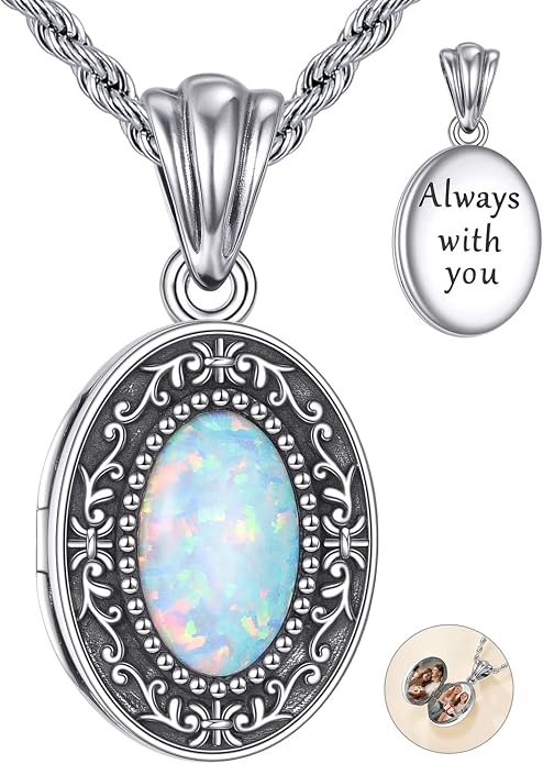 Opal Locket Necklace 925 Sterling Silver Vintage Filigree Oval Opal Photo Locket Pendant Necklace Holds Pictures Jewelry Gifts for Women Mom Wife Grandma