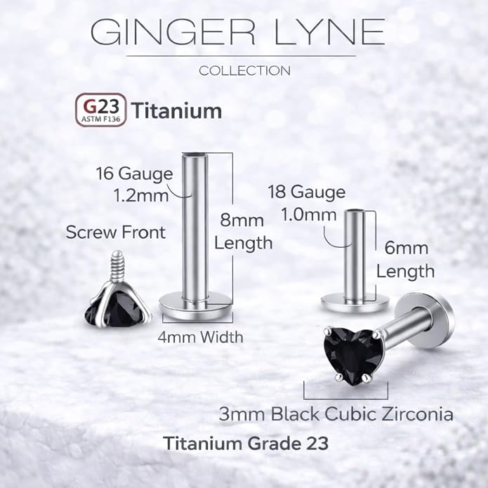 Titanium Heart CZ Labret Stud Earrings for Piercings by Ginger Lyne 6Pc Set G23 Screw Front Flat Back Body Jewelry 2 pair post 6mm, 8mm Cartilage, Helix, Tragus, Lip, Conch, Lobe
