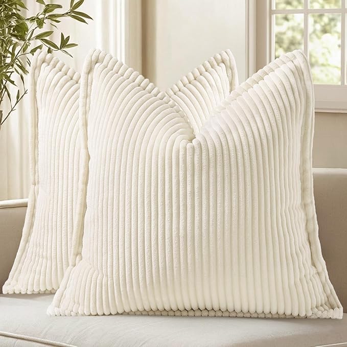 decorUhome Fall Corduroy Cream White Throw Pillow Covers 24x24 Set of 2 | Euro Sham Couch Decorative Soft Modern Boho Farmhouse Pillow Covers Broadside Striped Pillow Cases for Living Room Bed Sofa