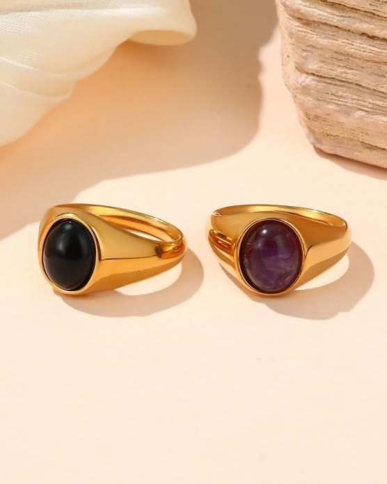 YeGieonr Gold Signet Rings for Women Non Tarnish Gold Rings, Waterproof Gemstones Statement Ring, 18K Gold Plated Stainless Steel Gem Stone Jewelry Gift for Everyday Wear