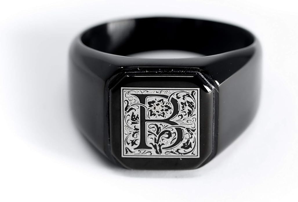 Jewelry | Stainless Steel Letter Alphabet Initial Ring | Square Flat Top Ring for Men & Women | Stainless Steel Jewelry, (Black, Gold, Silver), Size 7-16