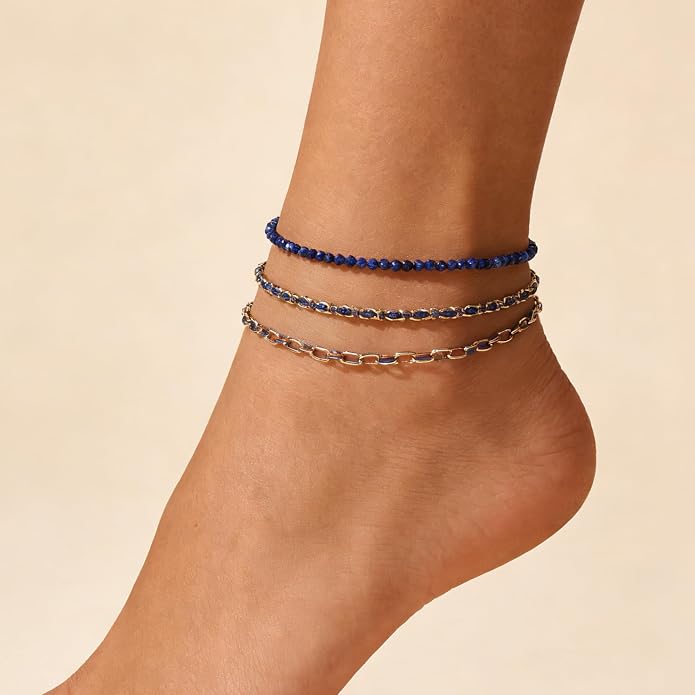 DREMMY STUDIOS Gold Anklet Bracelets for Women 14K Gold Plated Stone Handmade Beaded Link Chain Anklets Jewelry Gift