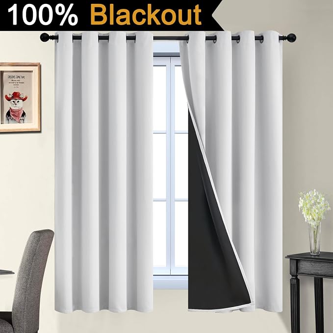Yakamok Greyish White 100% Blackout Curtains 63 Inches Long, 2 Thick Layers | Blackout Curtains for Bedroom/Living Romm Full Light Blocking Soft Thermal Insulated Drapes for Bedroom 52" Wide Each Panel