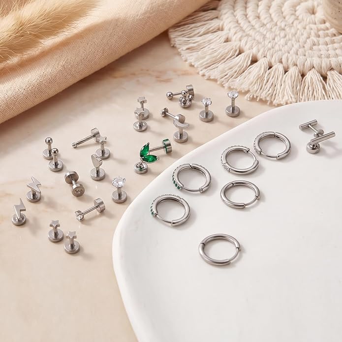 Stainless Steel Stud Earrings Set for Women Hypoallergenic Flat Back Cartilage Earrings Screw Back Huggie Hoop Earrings Multiple Piercing Cubic Zirconia Helix Tragus Jewelry
