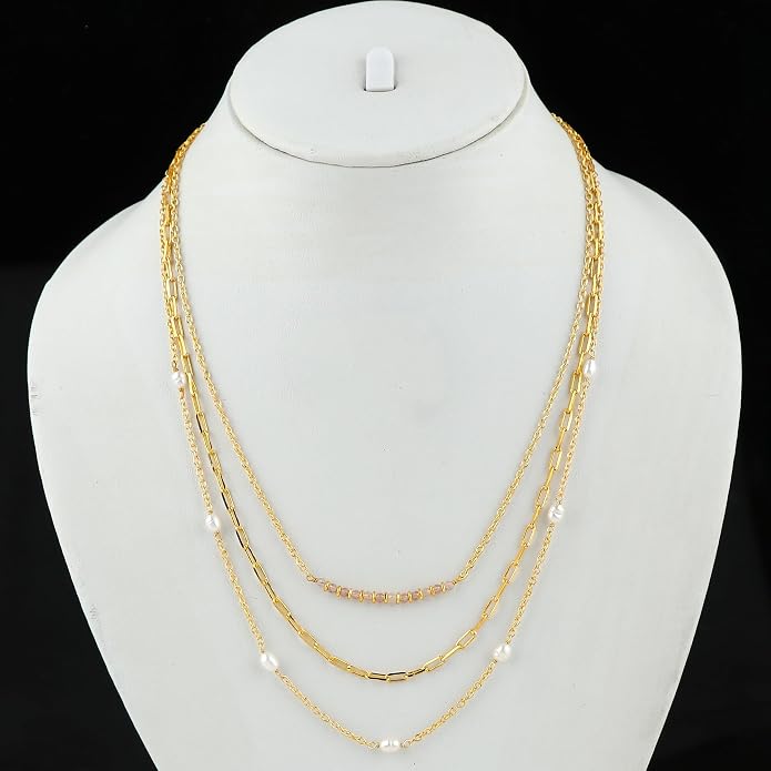 Beads With Pearl 3 Layered Necklaces for Women 14k Gold Plated Dainty Stackable Choker Necklaces for Women Trendy Layering, Cuban Link, Paperclip Chain, For Women Gifts