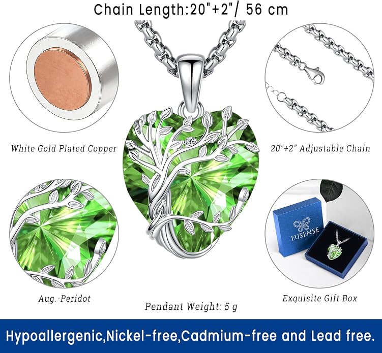 Eusense Tree of Life Necklace for Women White Gold Plated Copper Moonstone/Turquoise/Black Onyx/Crystal Birthstone Pendant Jewelry Gifts for Women Men