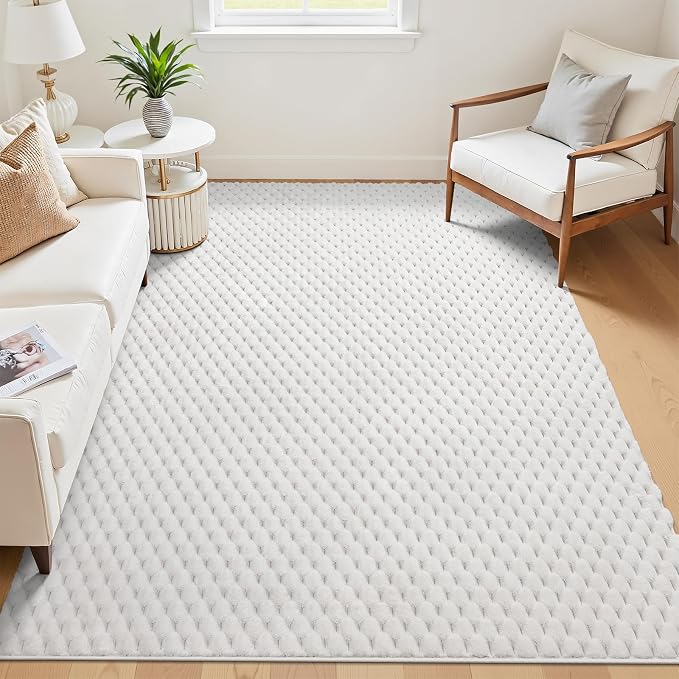 Vaukki 5x8 Area Rug for Living Room, Non Slip Washable 3D Bubble Living Room Rug, High Low Pile Hexagon Floor Mat for Bedroom, Modern Soft Fluffy Carpet for Dining Room, Office and Nursery, White
