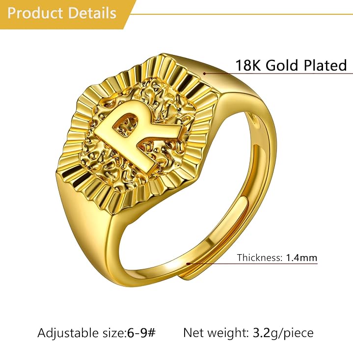 U7 Initial Ring Wedding Band for Men Women 18K Gold Plated Statement Hexagon A-Z Letter Jewelry Personalized Stackable Signet Rings