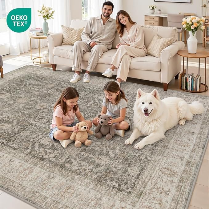 10x12 Area Rug for Living Room: Vintage Boho Neutral Washable Rug Indoor Soft Large Area Rug Carpet for Bedroom Nursery Farmhouse Dining Room Office Floor Non-Slip Low Pile Under Table Rug Warm Taupe