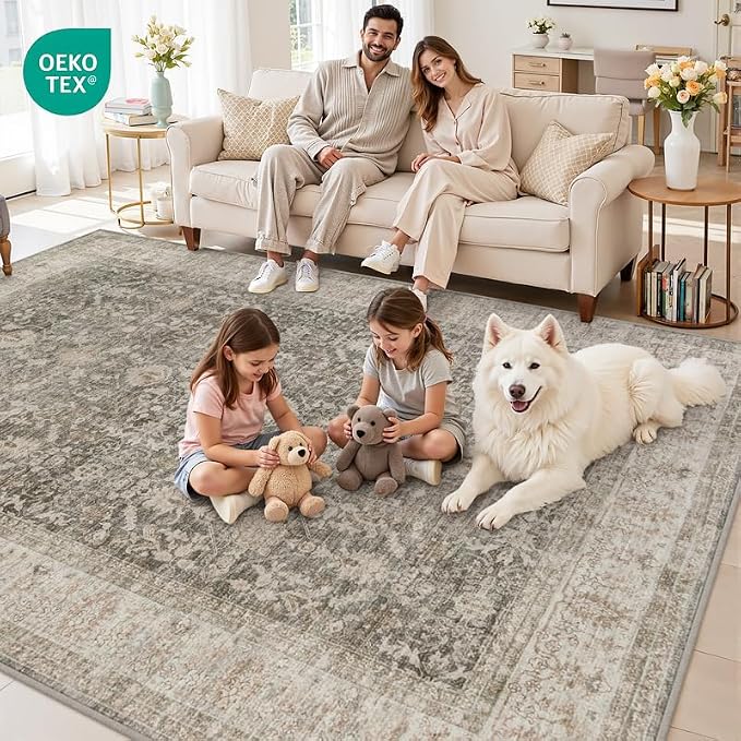 10x14 Area Rug for Living Room: Vintage Boho Neutral Washable Rug Indoor Soft Large Area Rug Carpet for Bedroom Nursery Farmhouse Dining Room Office Floor Non-Slip Low Pile Under Table Rug Warm Taupe