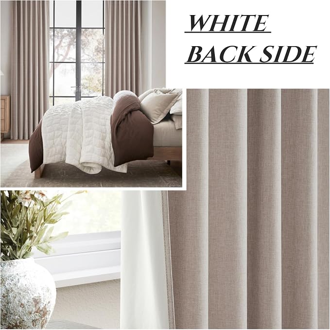 QJmydeco Faux Linen Curtains 120 Inches Long for Bedroom, Luxury Ceiling Mount Track Curtains with Hooks Drapes for Sliding Glass Patio Doors Inside 10 ft Large Window Farmhouse (W50 xL120 2Panels)