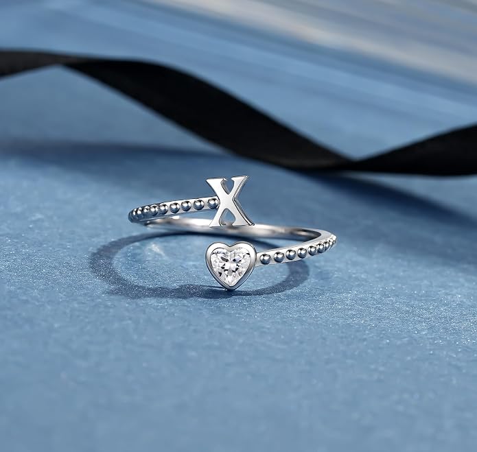 Step Forward 925 Sterling Silver Adjustable Initial Ring for Women | Non Tarnish Letter Rings for Lady | Alphabet Heart Thumb Rings | Capital Letter Jewelry Gifts