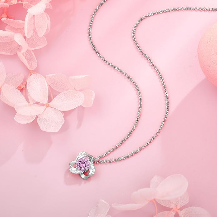 18K Gold Plated Love Knot Necklace for Women, 925 Sterling Silver Round cut Birthstone Pendant Necklace With Chain Lucky Flower Jewelry Gift