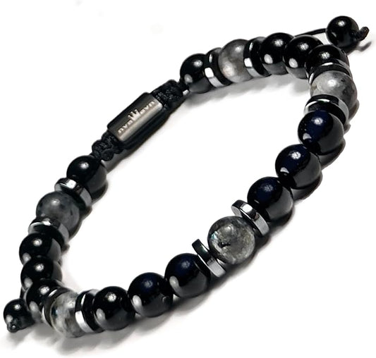 Mens Beaded Bracelet - Stone Jewelry, Black Onyx Hematite Bracelets, Mens Accessories, Adjustable