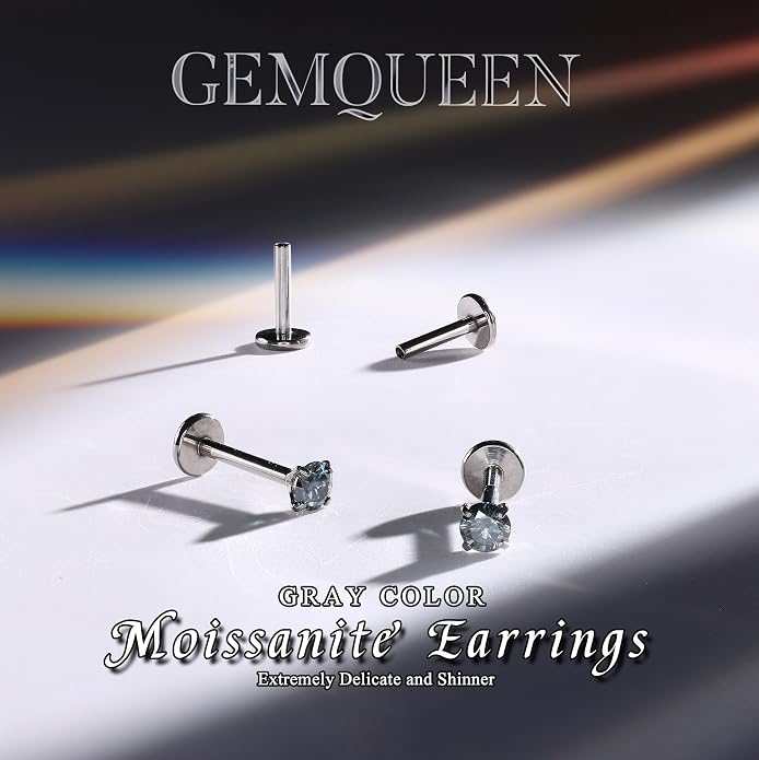 GEMQUEEN Moissanite Earrings G23 Titanium Extended Internal Thread Flat Back Earrings Hypoallergenic Tragus Cartilage Helix Conch Piercing Jewelry for Women Men 18G 6/8mm Post Gray/D Color 0.2-3CT