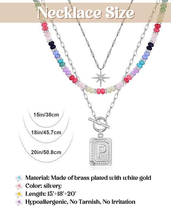 MJartoria Layered Initial Necklaces for Women Trendy, 14K Gold Plated Brass Simple Star Choker Square Letter Pendant Necklace, Colorful Beaded Necklaces Jewelry Gifts