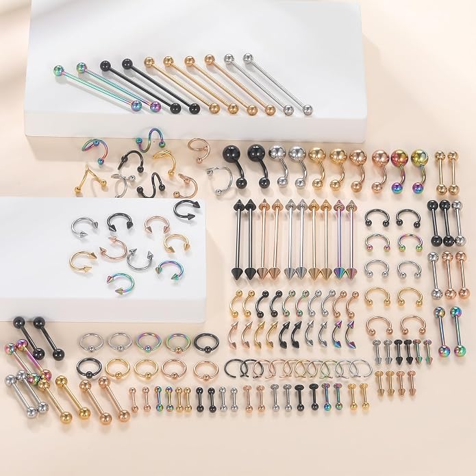 Xpircn 150PCS Piercing Kit Jewelry Stainless Steel Lip Nose Tongue Tragus Cartilage Daith Eeybrow Belly Button Rings Body Piercing Tools 14G 16G 20G