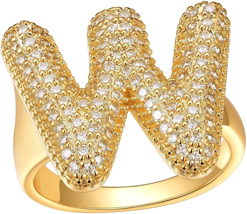 FindChic Initial Ring for Women, Gold Plated Chunky Letter Rings Open Adjustable Trendy Sparkling Cubic Zirconia Personalized Statement Rings Jewelry Gift