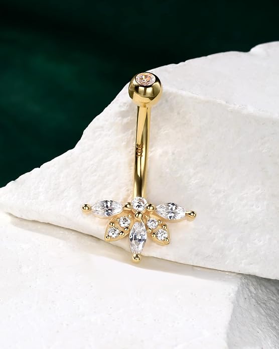 COCHARM 10K Gold Belly Button Rings 14G Lotus Gold Belly Rings for Women Gold Belly Navel Piercing Jewelry Clear CZ