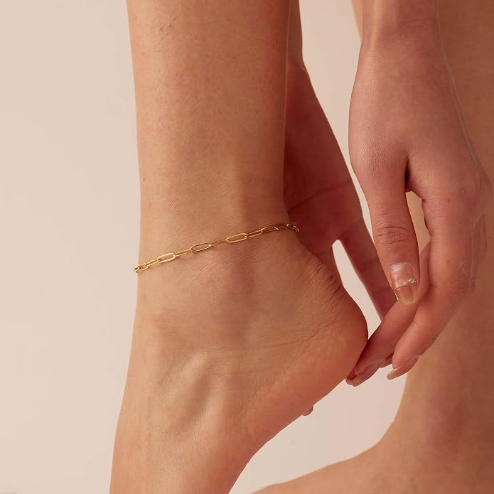 Dainty Ankle Bracelets for Women 18K Gold Plated Satellite Beaded Herringbone Lip Chain Anklets Simple Minimalist Summer Beach Foot Jewelry Christmas Gifts