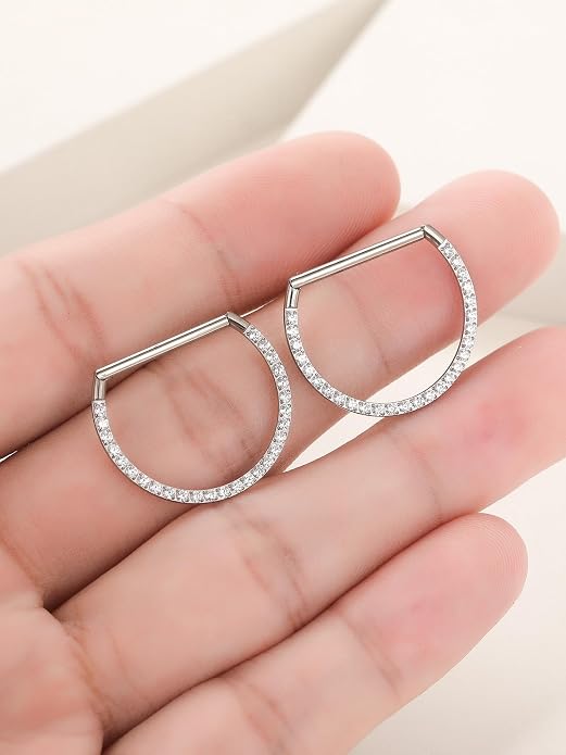 Oveta Titanium D Shaped Nipple Rings 14G for Nipple Piercing Jewelry Higned Segment Clicker Ring Hoops 11mm 12mm 14mm for Women Men, Silver Gold Black, 2PCS