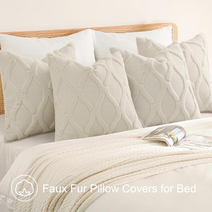 decorUhome Set of 4 Faux Fur Beige Throw Pillow Covers 20x20 | Neutral Decorative Soft Plush Couch Pillow Covers, Farmhouse Pillow Cases for Living Room Bed Sofa