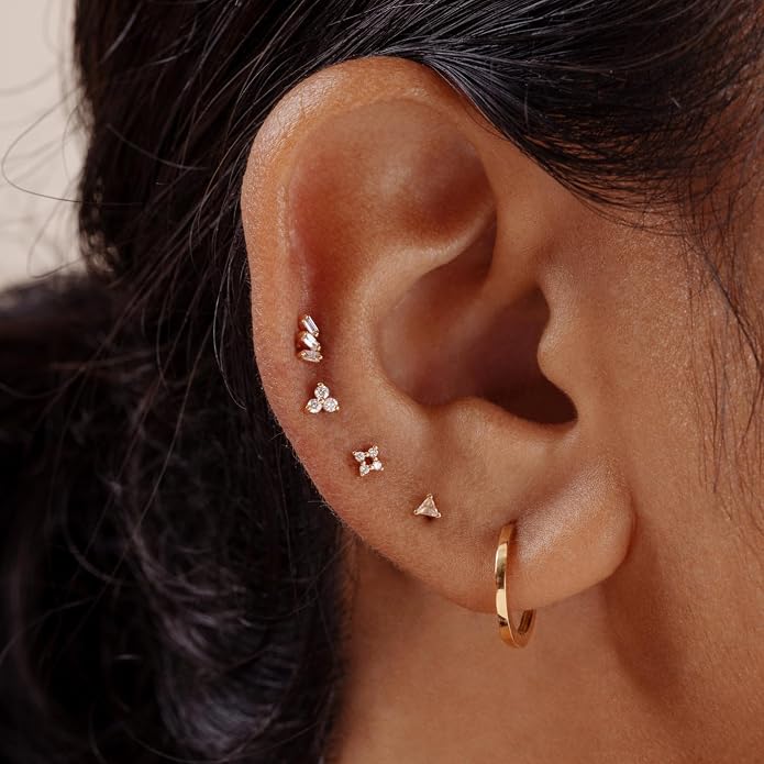 14K Yellow/White/Rose Gold Threadless Earring Top Push in 1 Pcs Triple Clear CZ Flat Back Nose Stud Threadless Cartilage Earring Helix Stud Tragus Piercing Jewelry for Women 6mm/8mm