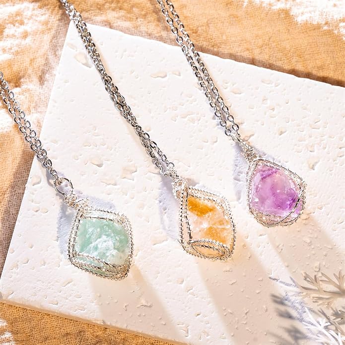 YGLINE Natural Raw Stone Healing Crystal Necklace Wire Wrapped Pendant for Womens Ladies