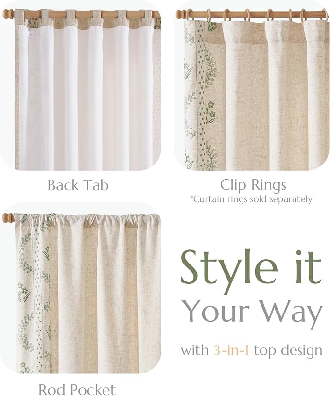 jinchan Floral Lined Linen Curtains 96 Inch Rod Pocket 2 Panels Sage Green | Embroidered curtains,privacy lining,boho curtains,light filtering,living room,bedroom,flower patterned,window treatment