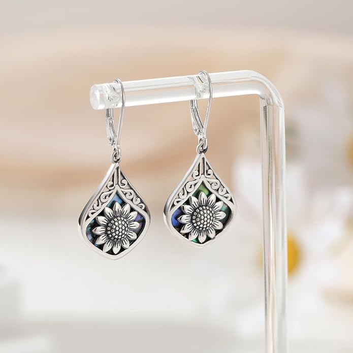 Sterling Silver Abalone Shell Filigree Dangle Drop Earrings Bohemia Jewelry Gift for Women Mother Mom