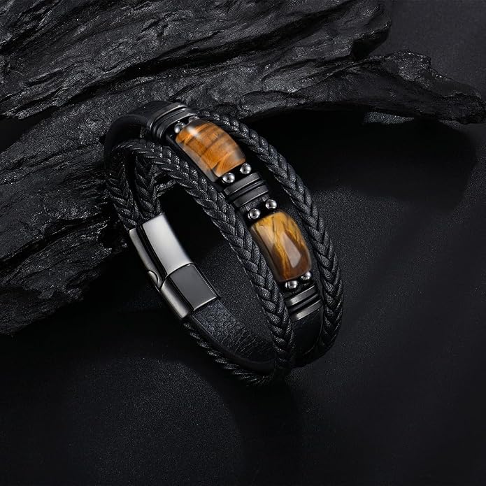 Mens Leather Bracelet Natural Tiger Eye Protection Multilayer Braided Wristband Bangle Gifts for Him
