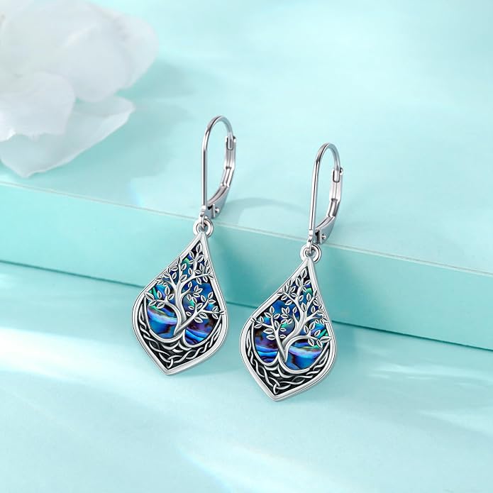 Eusense Sterling Silver Dangle Earrings for Women Tree of Life Animals Moonstone Turquoise Leverback Earrings Jewelry Gifts