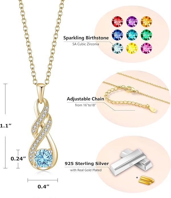 Birthstone Necklaces for Women 925 Sterling Silver Infinity Pendant Created Gemstone Jewelry for Her, 16"+2"