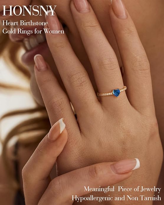 Honsny Heart Birthstone Gold Rings for Women Non Tarnish 14K Gold Plated Stackable CZ Gemstone Emerald Pinky Ring Dainty Engagement Promise Rings for Her Waterproof Jewelry Graduation Gifts Size 6-10