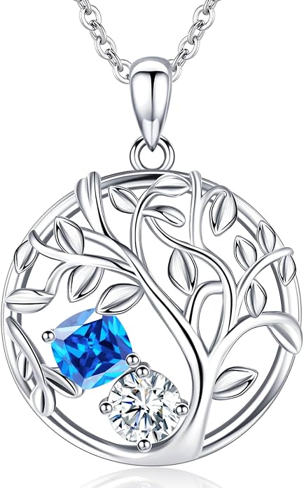 Tree of Life Birthstone Necklace for Women 925 Sterling Silver Birthstone Pendant 12 Months Necklaces with Zircon Birthday Gifts for Women, Mom, Grandma Cable Chain 18"+2"