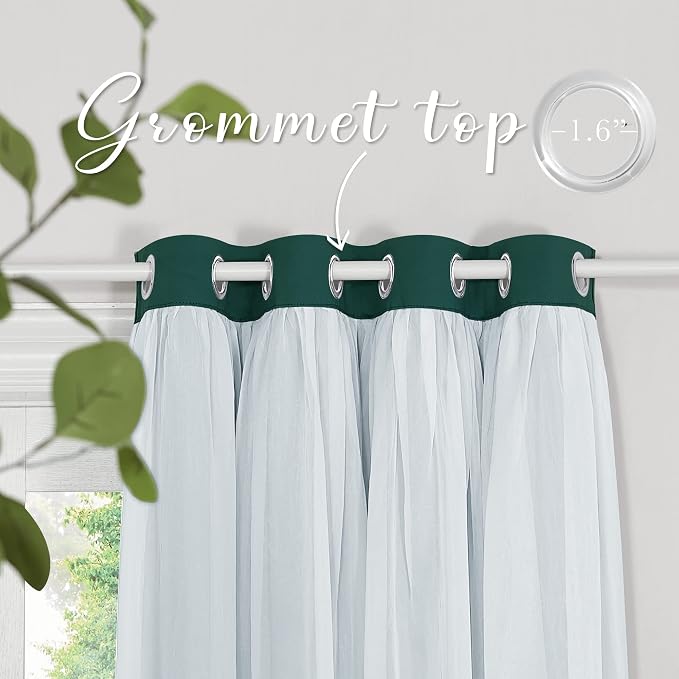 PONY DANCE Bedroom Curtains Blackout - Sheer Drapes Crushed with Grommet Top Treatments Decoration for Short Windows, 52 x 63 in, Hunter Green, 2 Panels